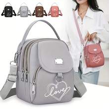 1pc Women's Nylon Shoulder Bag With Heart And Love Letter Pattern- Casual Mini Crossbody With Adjustable Strap, Multi-Layer, External Headphone Hole, Solid Color, Secure Zip Closure, Small Crossbody Bag , Valentine's Day - Multicolor - View 2