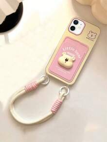 3D卡通熊挂绳卡壳手机壳适用于苹果16 Pro Max/15 Pro Max、新11、创意12、防震14 Pro/13保护壳，全包女款设计防水防摔防刮 - 米色 - 查看 3