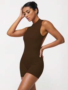 Sodalemon 女士露背加垫户外瑜伽健身房无袖弹力提臀训练休闲连体衣 - 咖啡棕 - 查看 4