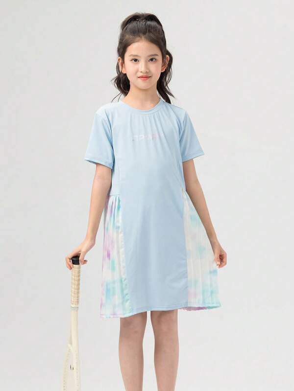 Vestido plisado con efecto teñido anudado de seda de hielo y camiseta vestido activo de secado rápido, ligero para niñas