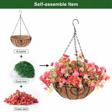 Artificial Hanging Flowers In Basket Outdoor Indoor Patio Lawn Garden Decor Hanging Basket With 12inch Coconut Chain Flowerpot (Red)