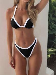 女士夏季度假拼接厚肩带无线棉质分体泳衣套装 - 黑與白 - 查看 1
