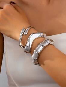 3 件/1 套简约几何波浪竹节形不对称金属手镯套装，适合女性，厚哑光金属和锌合金材质 - 明亮 - 查看 17