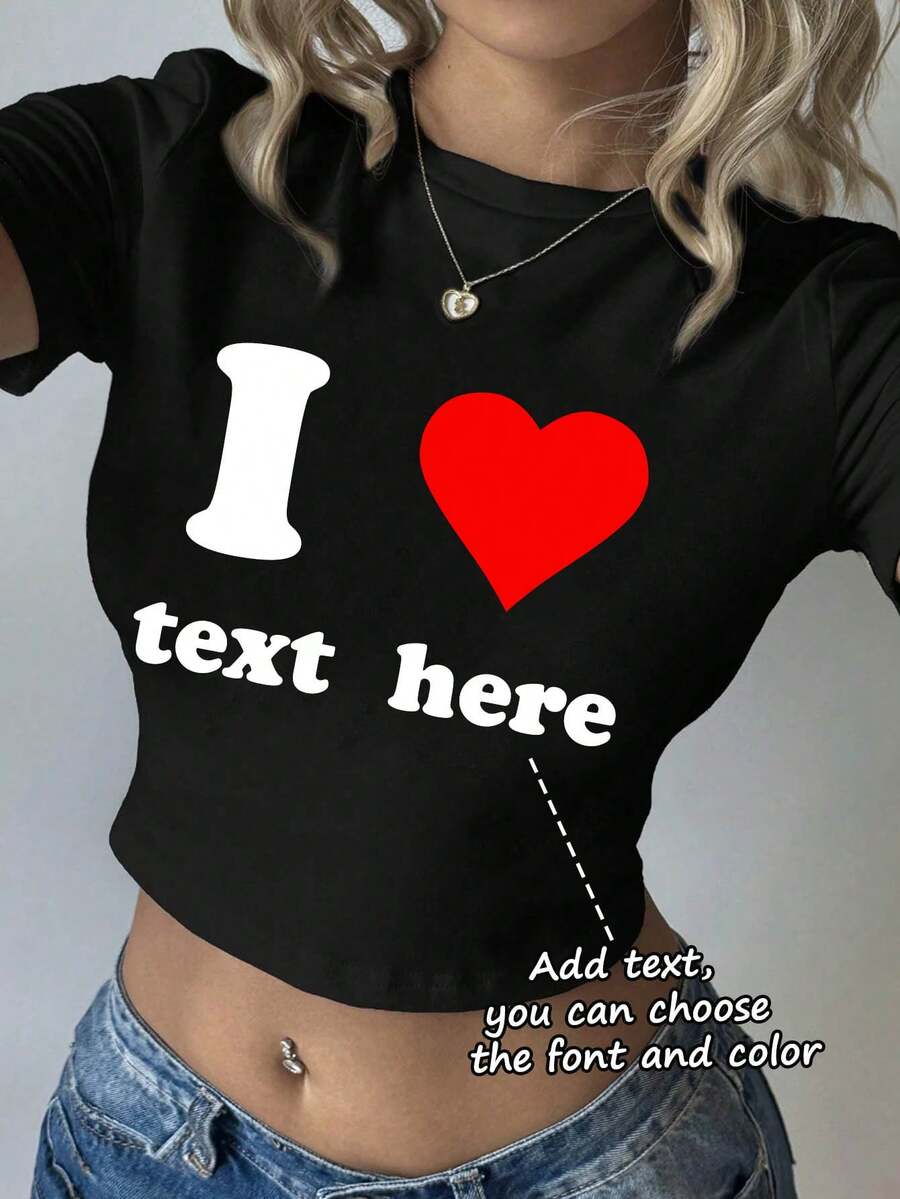 女款短袖短版上衣 T-shirt,可自訂「I Love」主題文字,自選顏色與字體,適合送給他的運動風黑色禮物 - 黑色 - 查看 1