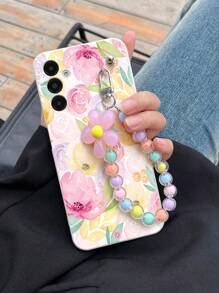 1 pieza Funda de teléfono a prueba de golpes con diseño de flores acuarela ditsy de TPU blanco y 1 pieza Pulsera con flores rosas y cuentas, compatible con iPhone 15 Pro Max, A14, A54, A52, A31 4G, A23, Redmi Note 8 Pro, Note 11 Pro 4G, Note 12 4G, OPPO A54