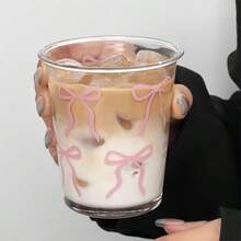 1/2pcs Ribbon Glass Cup, Pink Bowknot Iced Coffee Cup, 11oz Elegant & Cute Drinking Cup, Suitable For Women, Girlish And Sister Gathering