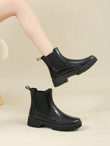 Nuevas botas de lluvia de Chelsea para mujer, con suela gruesa, banda elástica, de moda, impermeables y antideslizantes de goma para exteriores - Negro - Ver 2