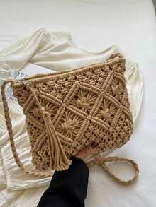 Handmade Woven Small Crossbody Bag, New Woven Shoulder Bag, Niche Retro Beach Style, Versatile Square Envelope Bag, Fashion Crossbody Bag, Beach Vacation Bag - Khaki - View 2