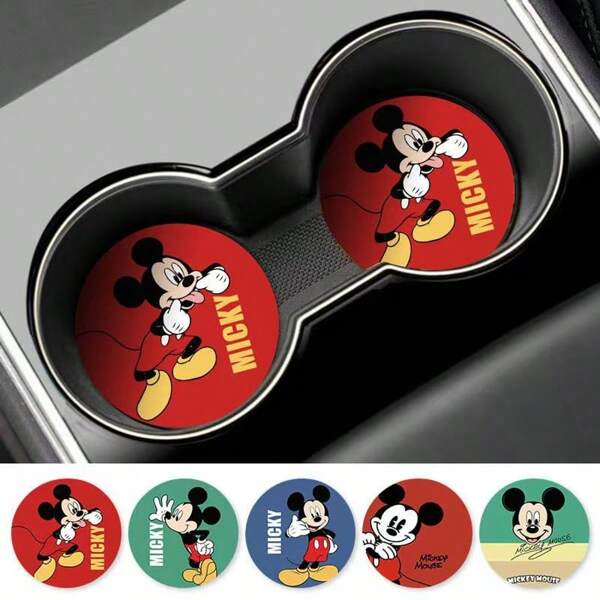 Disney 2 حامل كأس سيارة بتصميم ميكي ماوس وستيتش من ديزني، تصميم مانع للانزلاق ومانع للتسرب، يتناسب مع حوامل الأكواب في السيارة