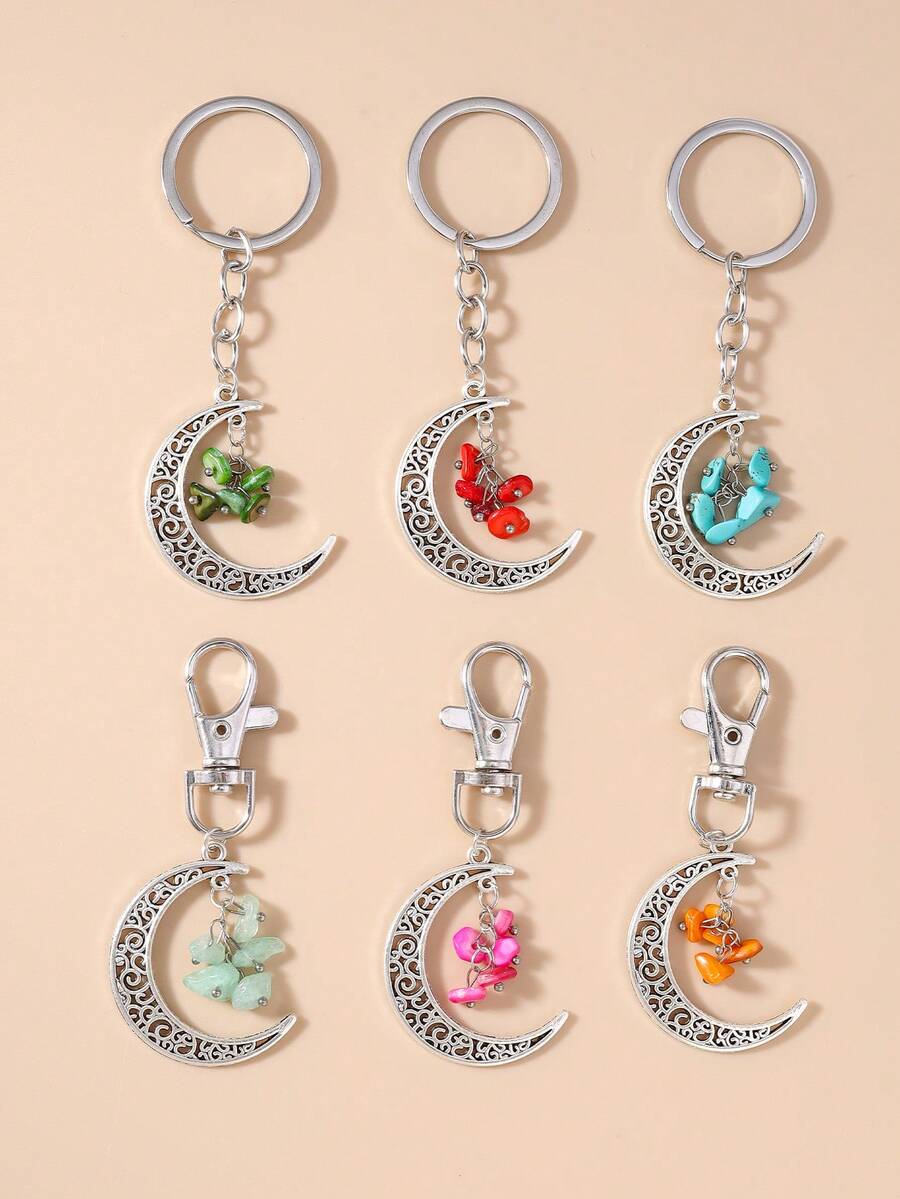 1pc Creative Tassel Turquoise Hollow Moon Key Chain, Unisex, Suitable For Everyday Commuting Wear - Multicolor - View 1