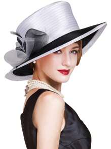 HIMESPORT Sombreros de boda para mujer verano 2025 - Bombín vintage con ribete de cinta de encaje, sombrero de cúpula elegante de ala ancha para el té, la iglesia y los accesorios nupciales, diseño de copa plana ajustable negro/blanco