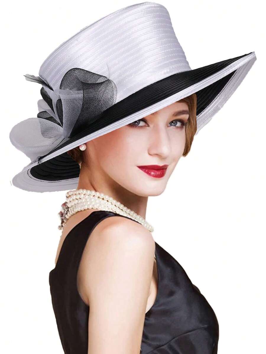 HIMESPORT Sombreros de boda para mujer verano 2025 - Bombín vintage con ribete de cinta de encaje, sombrero de cúpula elegante de ala ancha para el té, la iglesia y los accesorios nupciales, diseño de copa plana ajustable negro/blanco