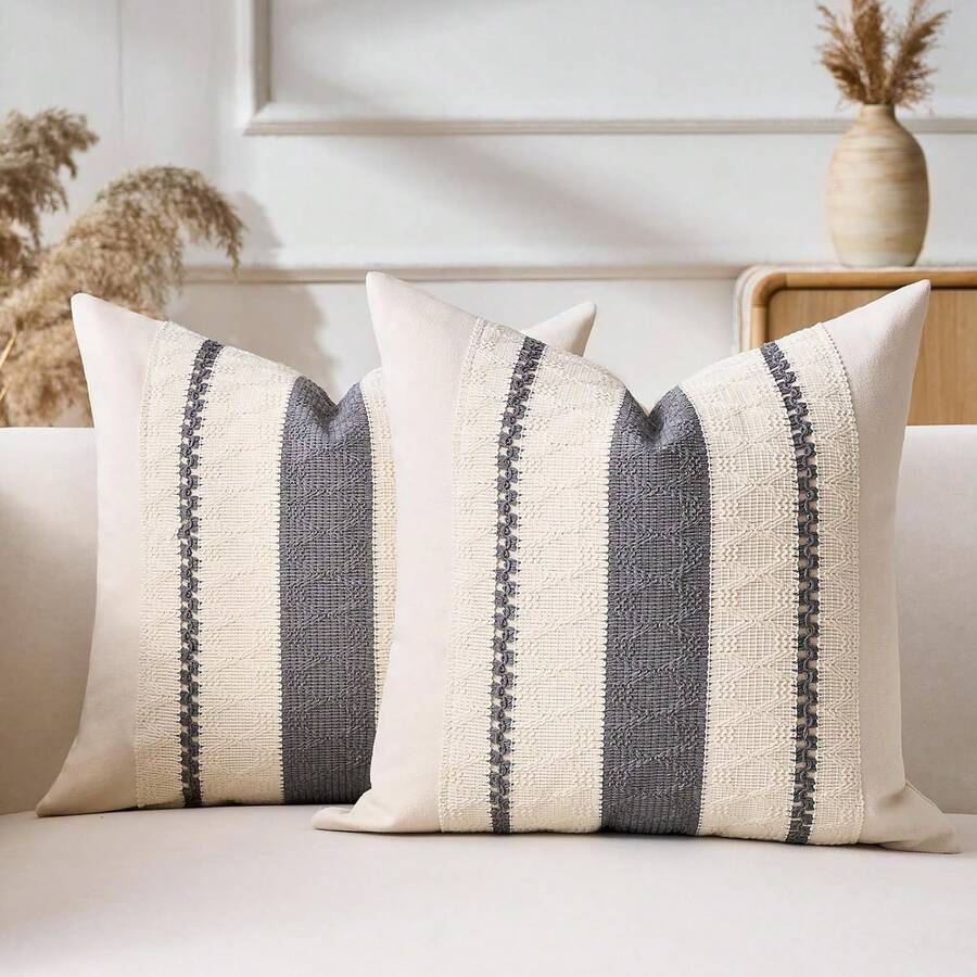 1pc Bohemian Style Pillow Case, Soft Gray Farmhouse Decorative Sofa Cushion Cover For Living Room Home Decor - Grey - View 1