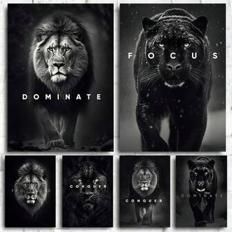 1 pieza Póster de pared opcional con marco Arte de animales Póster motivacional de pantera león Impresiones de pósteres de lienzo pintado Enfocar Conquistar Sin miedo Decoración de pared de mural