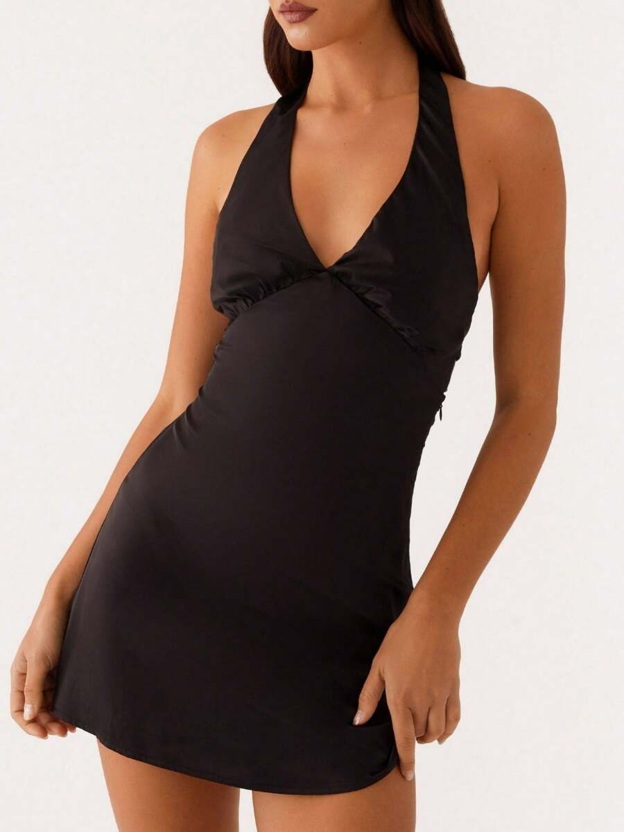 Women's Sexy Dresses Solid-Color Comfortable Mini A-Line Skirts Beach Vacation Tie-Back Dresses Y2K Dresses Bohemian Sleeveless Strapless Dresses Perfect For Parties, Campus Events, Weddings, Graduation Galas, And Club Outfits - 黑色 - 查看 1