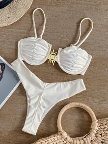 Swmmer Liket Sexy Metallic Jewelry Solid Color Bikini Women Swimwear Set For Summer Beach Vacation - 白色 - 查看 4