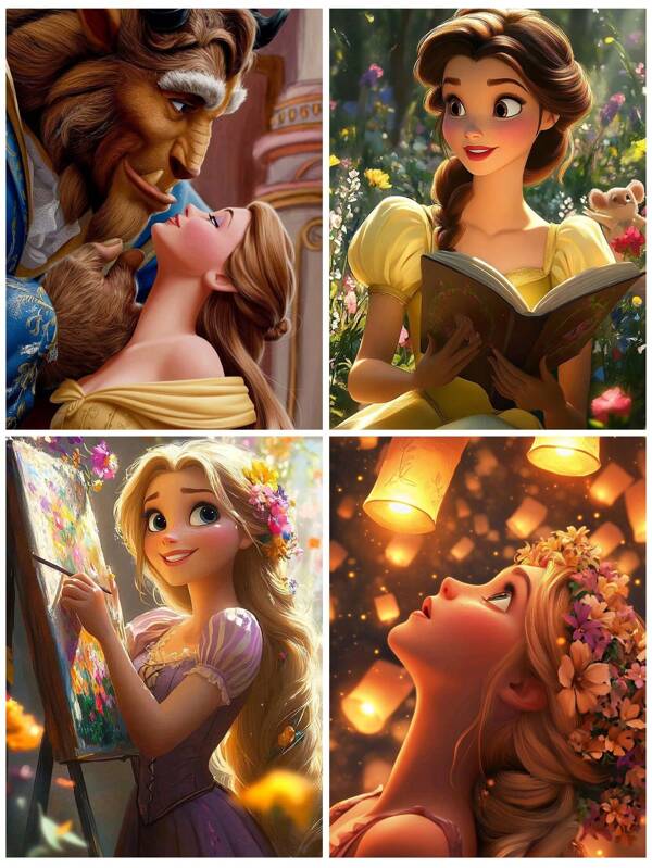 Disney Disney 5D Embroidery Diamond Painting Kit, Rapunzel, Beauty And The Beast Cartoon Character, Round Diamond Art Painting, Suitable For Beginners, Home Wall Decor, Valentine'S Day Gift