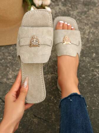 女士方头平底拖鞋，金属豹纹装饰绑带沙滩凉鞋，优雅休闲百搭夏季新款