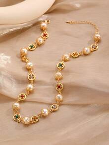 1 件时尚精致仿珍珠串珠空心花朵太阳镶嵌项链，独特设计颈链适合女性日常、派对、婚礼佩戴或作为礼物 - 金黃色 - 查看 5