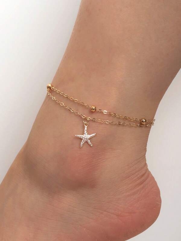 1pc Beach Ocean Vacation Style Double-Layer White Starfish Women's Ankle Chain, Suitable For Daily Use, Vacation, And Fashionable Accessories
