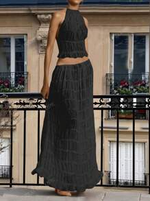 Conjunto de vestido maxi con volantes de gasa de color albaricoque, con encaje y espalda descubierta - Elegante conjunto romántico de 2 piezas