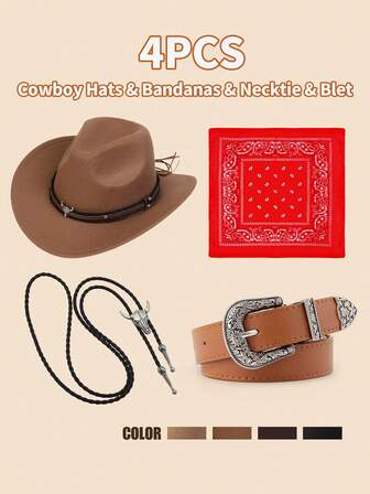 4 szt./zestaw kowbojski kostium dla chłopców i dziewcząt kowbojski kapelusz zachodni paisley bandany krawat klamra pas akcesoria zestaw na halloween cosplay party