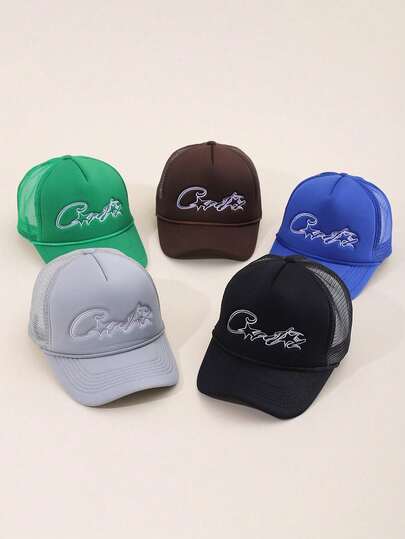 1pc Men/Women's Demon Island Embroidered Mesh Sun Cap, Adjustable Breathable Unisex Trucker Baseball Hat, Versatile