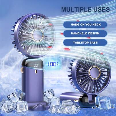 AOYI Ventilador de mano portátil y plegable, recargable, con base y correa colgante, esencial para vacaciones, ventilador de mano para viajes de verano, 800mAh, 5 niveles de ajuste, para oficina, transporte, camping, picnic, senderismo, playa, mochilero, deportes, carcasa de plástico
