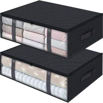 1 件黑色无纺布床下收纳盒，平板被子/布料收纳盒，带透明窗口，大容量