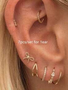 7pcs Elegant Bow Decor Earring Set, Cubic Zirconia Copper Stud & Clip Earrings For Women, Suitable For Daily, Date, Party Wear (Quantity For One Ear Only) - Yellow Gold - View 2