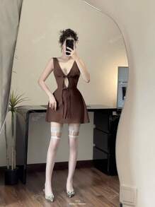 Women Elegant Solid Color Sleeveless Mini Dress With Deep V-Neck And Bowknot, Minimalist Design