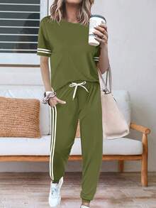 夏季女士无袖条纹短袖上衣和口袋侧条纹裤慢跑套装家居休闲运动装