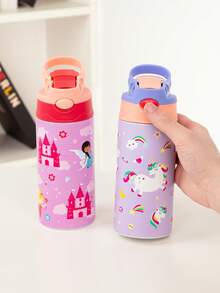 1PC 350ml Cartoon Prints Insulated Water Bottle With Covered Pop-Up Straw, Rainbow Horse&Mermaid Sports Water Bottle With Handle,Tumblers With Leak-Proof Stainless Steel,Four Colors Available,Back To School Supplies - Multicolor - View 2