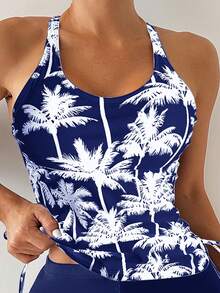 Swimwear Set,Women Tankini Swimsuit,Tropical Palm Tree Print,Women Beach Bikini Swimsuit For Spring Vacation,2 Piece Top And Shorts Set,Women Fashion Tankini - 白色 - 查看 4