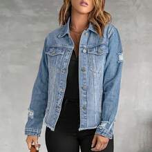 Necooer Women's Denim Jacket Old Wash Button Boyfriend Denim Jacket Jacket With Pocket - Màu xanh nhạt - Xem 2
