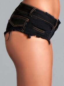 Low Rise Frayed Denim Micro Shorts – Stretch Fit – Distressed Edge – Zipper Closure – Summer Streetwear Staple - Svart - Visa 2