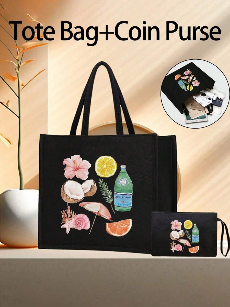 女士时尚旅行沙滩包 - 轻便黑色亚麻手提包和化妆包套装，印有椰子花、酒伞、橙子、葡萄柚等物品，适合海滩 - 黑色 - 查看 1