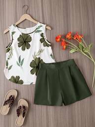 Conjunto de top sin mangas de cuello redondo con estampado floral y shorts de unicolor para mujer, estampado aleatorio
