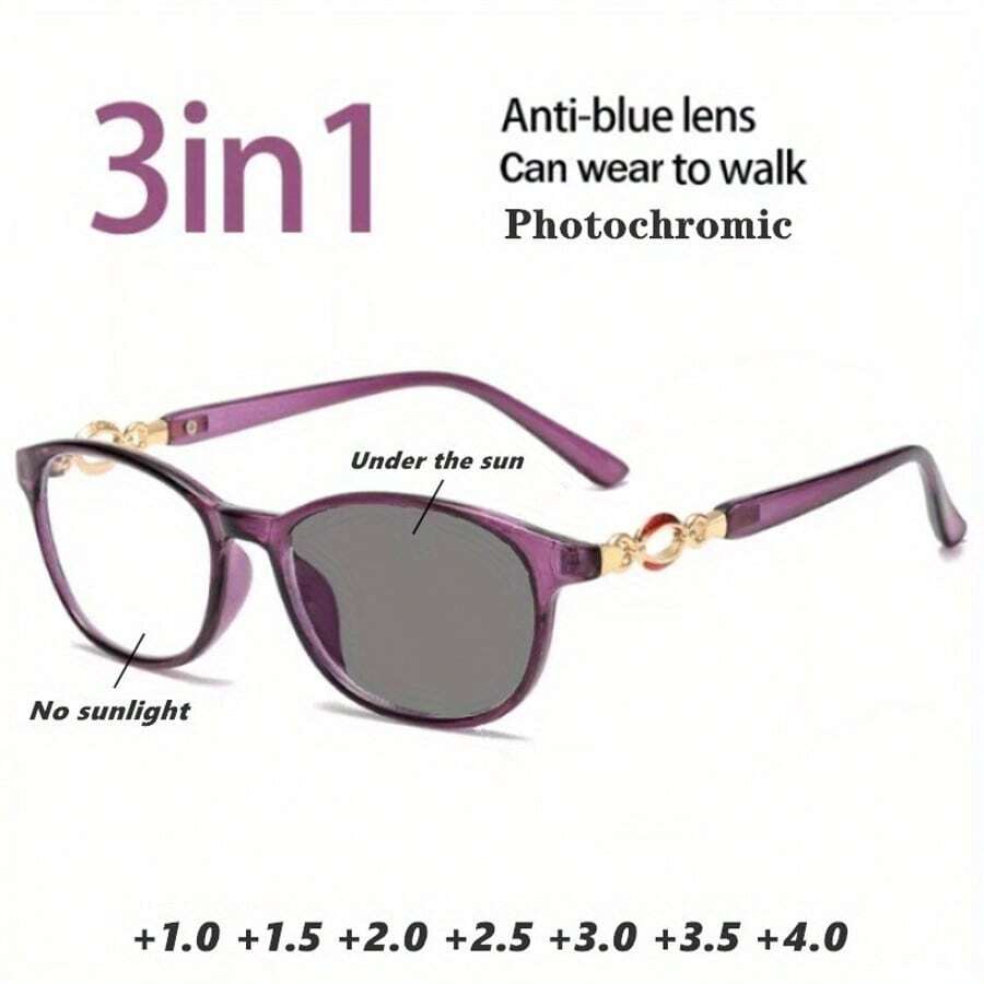 变色老花镜 复古优雅眼镜 女士变色老花镜 树脂老花镜 抗疲劳超轻老花镜 +1.0 至 +4.0