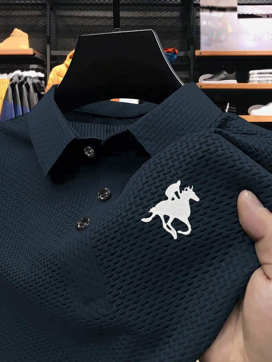 1 件优雅刺绣图案男士商务休闲 Polo 衫,舒适面料,适合高尔夫、网球、户外旅行、休闲,是送给男士的绝佳礼物 - 藏蓝色 - 查看 1