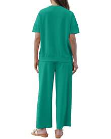 COMFY VOGUE 2pcs Women's Solid Knit Casual Vacation Drawstring Short Sleeve Top And Pants Set, Lightweight - 綠色 - 查看 3