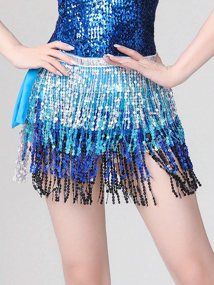 1PC Women's Sequin Tassel Glitter Belly Dancing Hip Scarf Mini Wrap Skirt Rave Short Skirt For Club And Dance Party Costume Accessory Lady Sexy Hip Scarves
