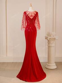 Vestido de gala de noche con escote en forma de corazón, bordado de lentejuelas y malla, diseño de cola de sirena, vestido formal para fiesta, para invitados de boda