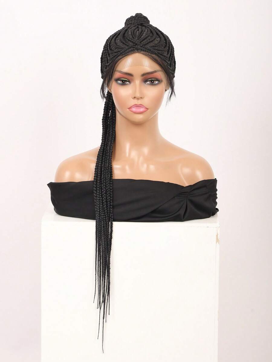 31-Inch Box Braid Wig, Black Lace Front Ponytail Wig For Women, Lightweight Synthetic Braided Wig With Baby Hair, Double Lace Handmade - Natural Black - View 1