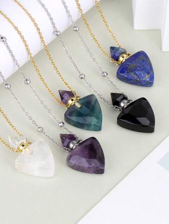 1 件奢华三角形水晶香水瓶项链天然宝石吊坠紫水晶玫瑰石英黑曜石精油扩散器吊坠男女金色项链珠宝 H629