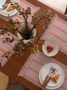 American Country Style Green Woven Placemat, Kitchen Dining Table Top Decor Placemats, Family Gathering Dining Table Decoration, Rectangular Tablecloth - Pink - View 2