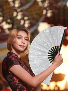 1pc Glitter Large Folding Hand Fan, Rave Retro Chinese Folding Hand Fan, Chinese Tai Chi Kung Fu Fan Decorative Folding Fan, For Festivals, Club, Dancing, Hot Flashes, Church, Gift,Spring Summer Picks,Brides Maid Gifts,Room,Bedroom Decor,Beach,Travel,For Men,For Women,Vacation - Multicolor - View 5