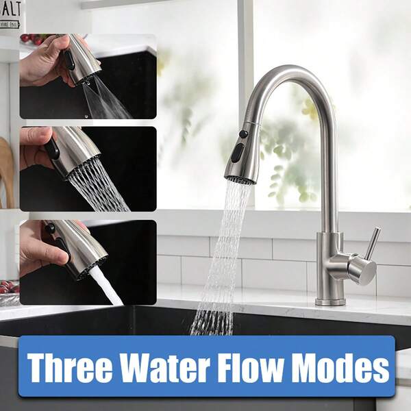 Kitchen Tap Kitchen Mixer Tap Stainless Steel Pull Out Kitchen Sink Faucets Single Lever 360° Swivel High Spout For 1 Hole Kitchen Sink,4 Spray Modes Bar Taps For UK,Brushed Nickel