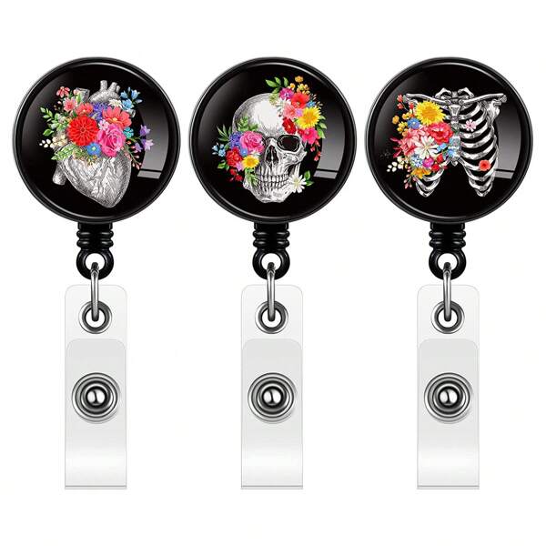 1pc ABS Resin Epoxy Sticker Detachable Buckle, Medical Floral, Skull, Heart, Skeleton Design, Retractable, Student Badge Clip, Employee ID Card Holder, Anti-Lost