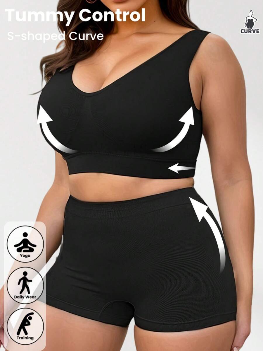 1 Set Plus Size Women Black Comfortable Seamless Wide Band Sports Bra And Soft Elastic Seamless Mid-Waist Sports Shorts, Suitable For Fitness, Running, Yoga